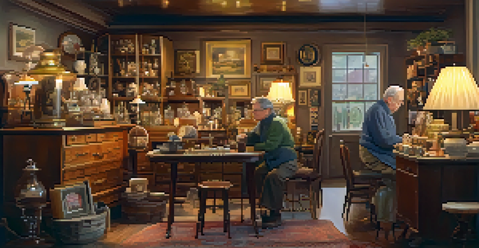 A vintage shop filled with various antiques, with a warm atmosphere and an elderly shop owner engaging with a customer.