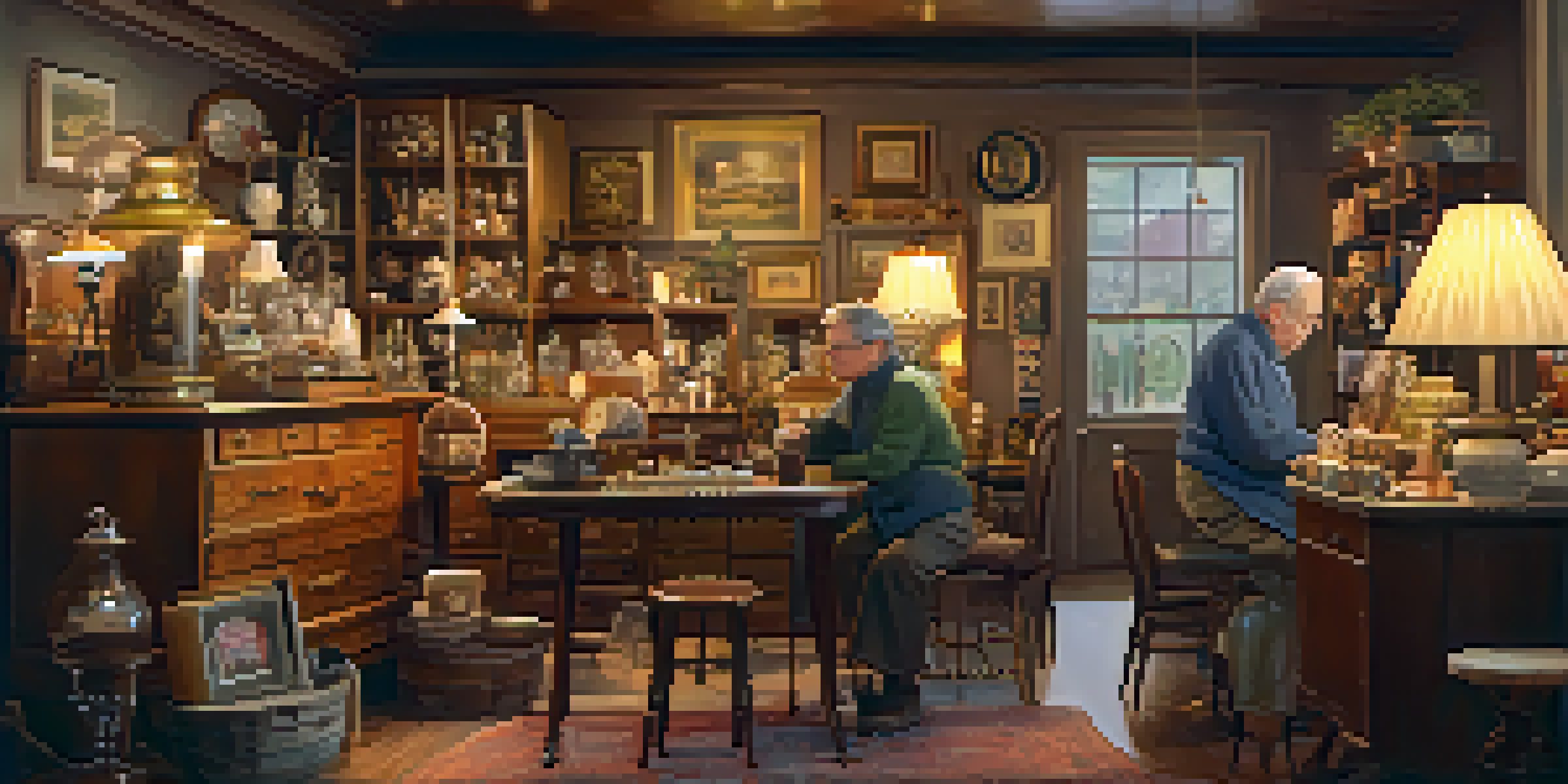 A vintage shop filled with various antiques, with a warm atmosphere and an elderly shop owner engaging with a customer.