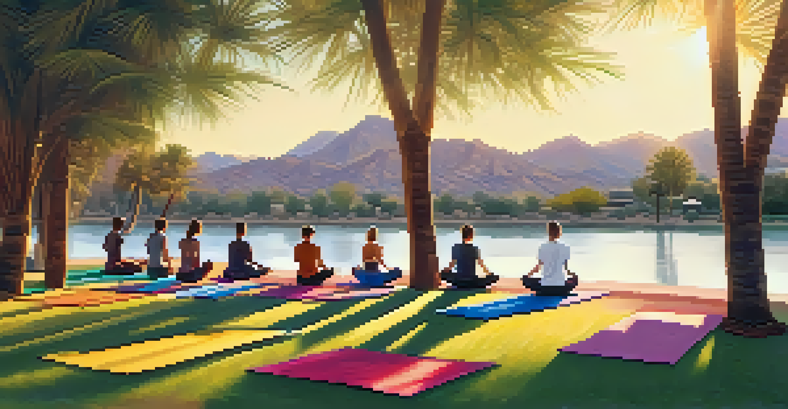 A peaceful outdoor yoga class at sunrise with participants on colorful mats by a lake.