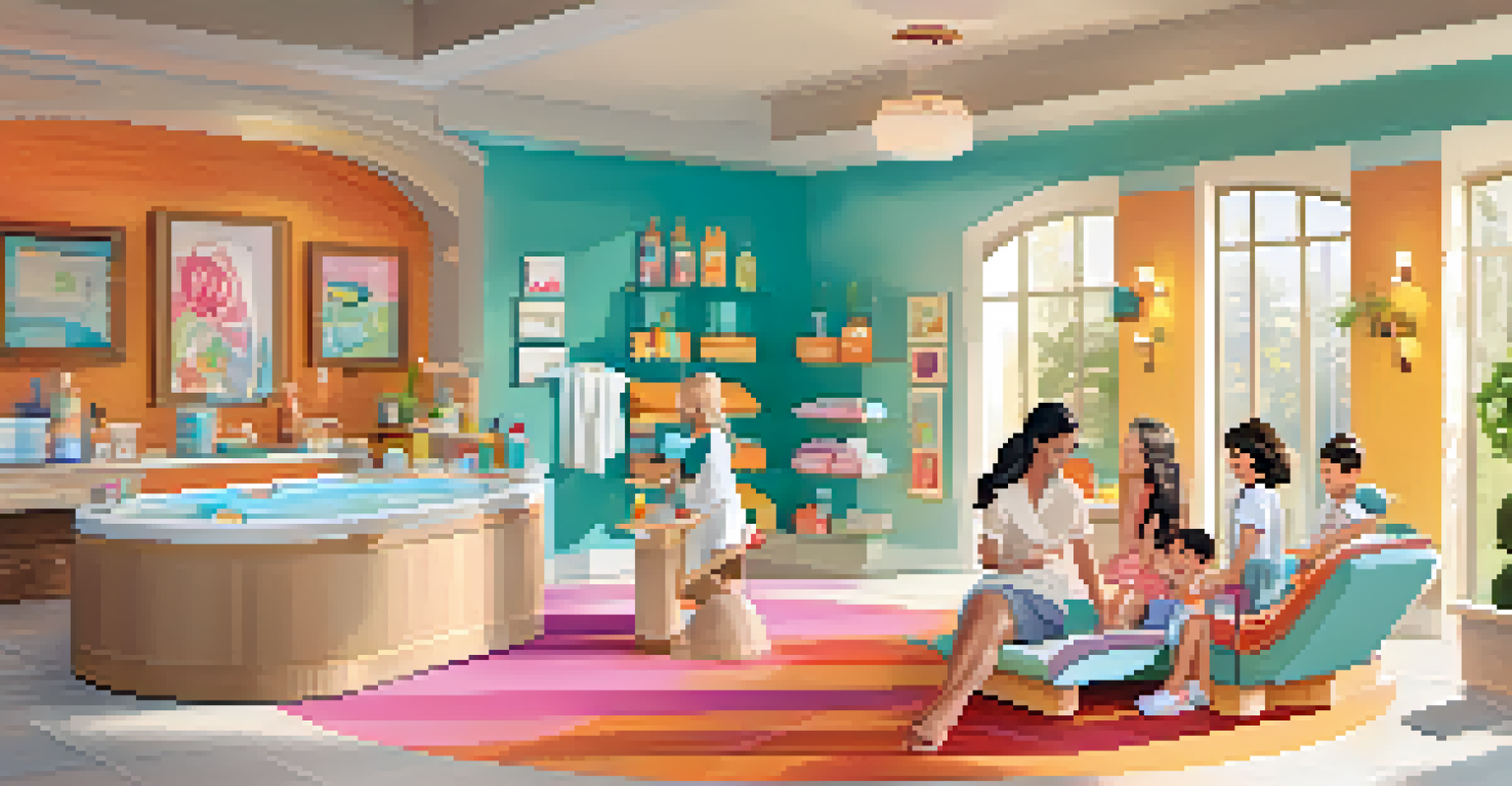 A family-friendly spa area where parents and children are enjoying spa treatments together in a colorful environment.
