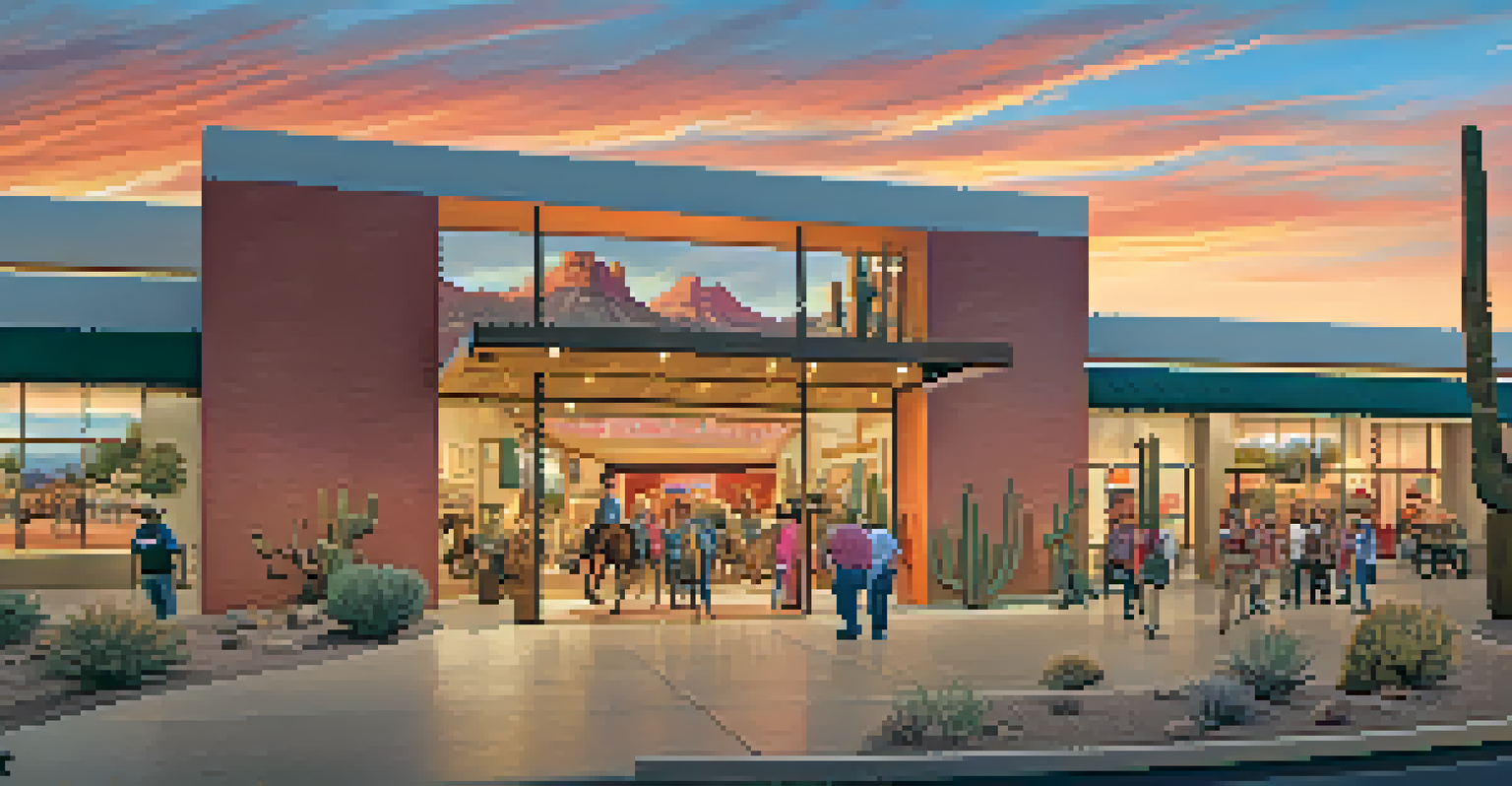 The entrance of a museum showcasing cowboy artifacts and Native American art with visitors and a sunset sky.