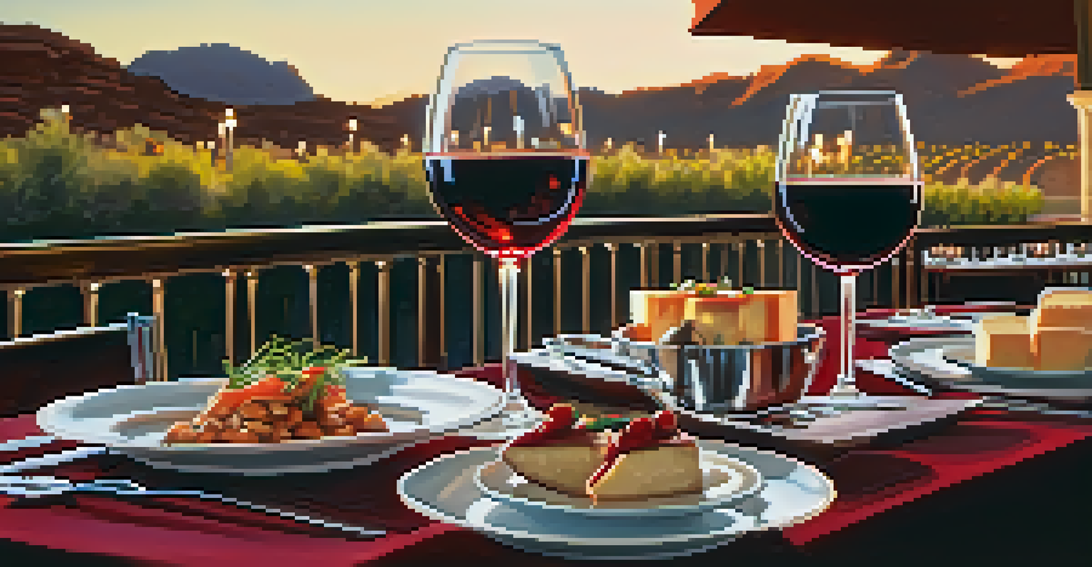 An elegant outdoor dining scene with wine glasses and gourmet dishes in a warm, inviting atmosphere.