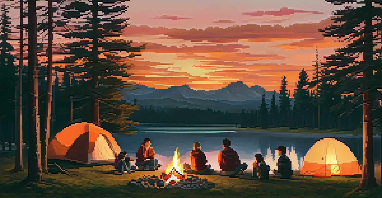 Children gathered around a campfire at sunset, sharing stories and roasting marshmallows, with a colorful sky and silhouettes of trees.