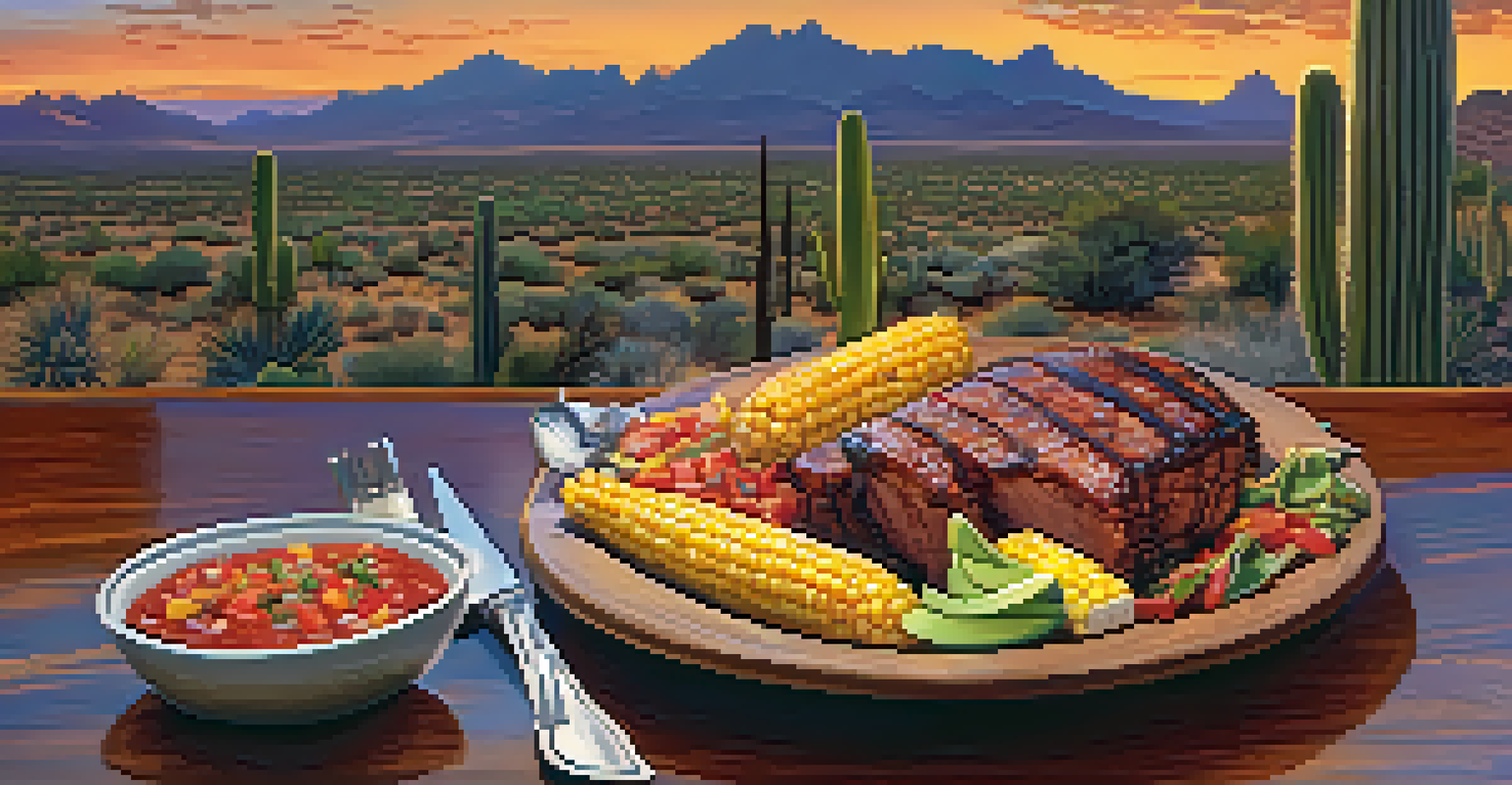 A close-up of a cowboy barbecue dish with grilled meats and roasted corn against a desert landscape.