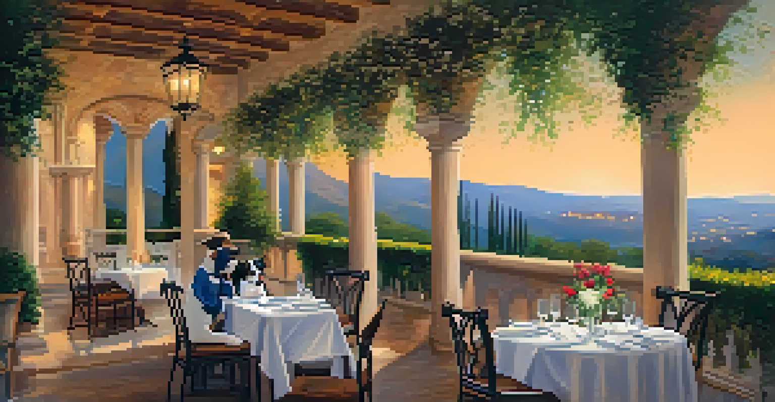A couple dining outdoors at an upscale restaurant with their pet dog, enjoying a scenic view.