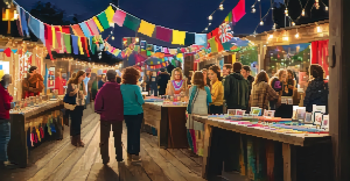 A lively craft fair booth with handmade jewelry displayed on a wooden table, surrounded by colorful banners and cheerful lighting, with attendees admiring the products.