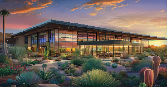 An eco-friendly hotel in the Scottsdale desert with large glass windows, solar panels, and an organic garden in the foreground.