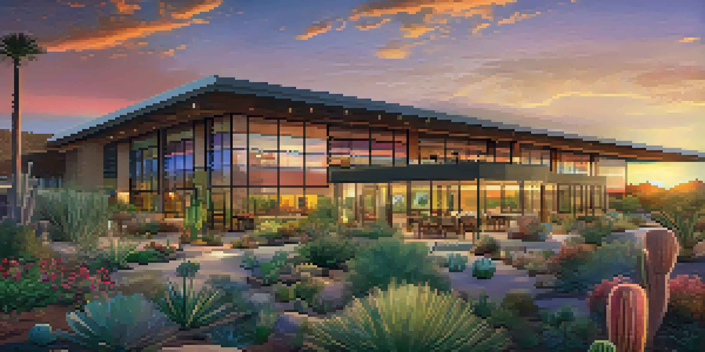 An eco-friendly hotel in the Scottsdale desert with large glass windows, solar panels, and an organic garden in the foreground.