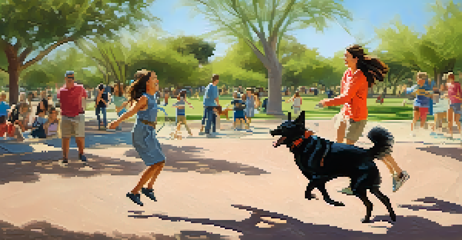 A dog jumping in the air while playing with its owner in a green park, surrounded by families and children enjoying their day.