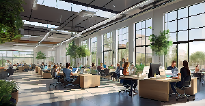 A dynamic workspace at the Scottsdale Innovation Hub with entrepreneurs collaborating, modern furniture, and natural light.