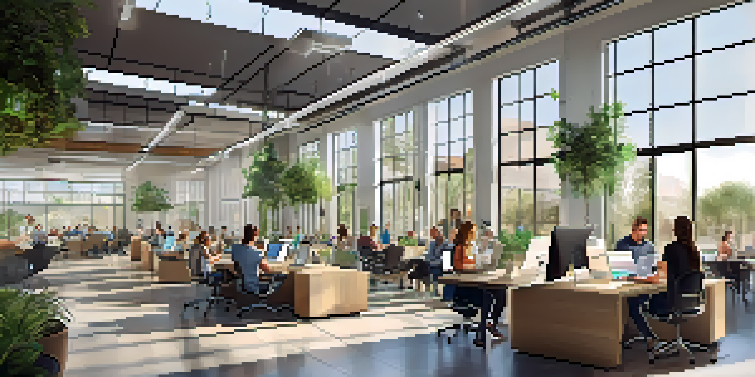 A dynamic workspace at the Scottsdale Innovation Hub with entrepreneurs collaborating, modern furniture, and natural light.