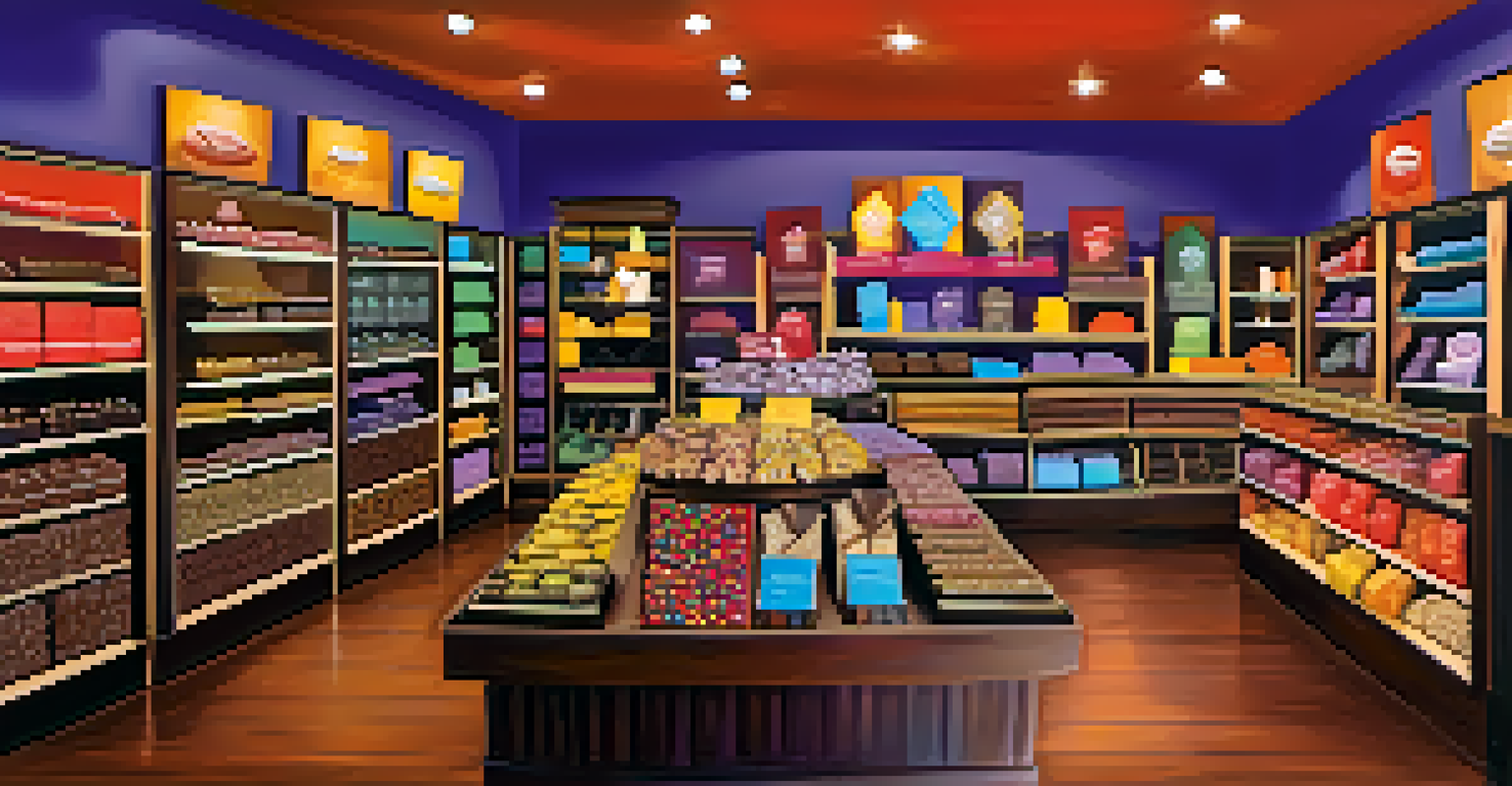 An artisan chocolate shop filled with colorful chocolates and customers enjoying tasting sessions.