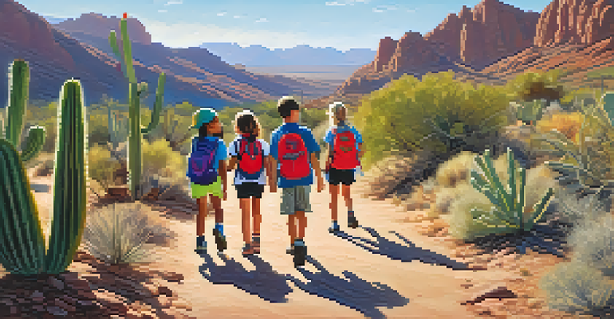 A diverse group of children hiking in Arizona's landscape, surrounded by cacti and mountains, with sunlight illuminating their joyful expressions.