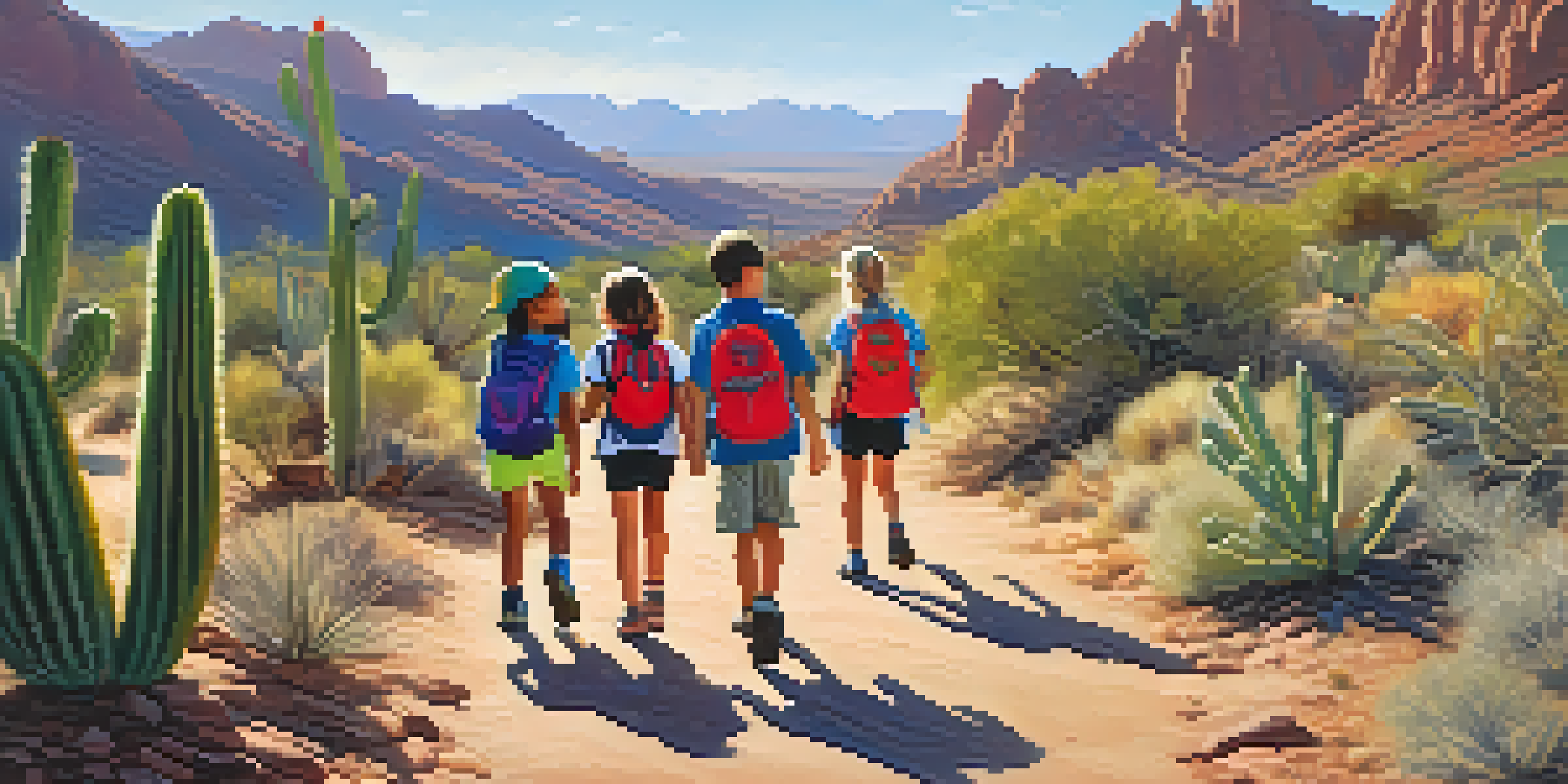 A diverse group of children hiking in Arizona's landscape, surrounded by cacti and mountains, with sunlight illuminating their joyful expressions.