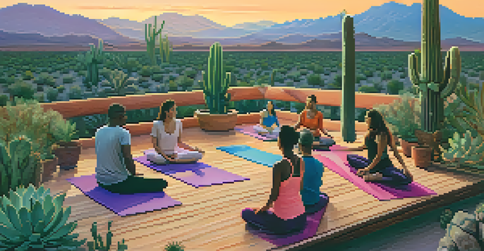 A group of diverse individuals practicing yoga on a wooden deck in the Sonoran Desert during sunset, with warm colors in the sky and cacti surrounding them.