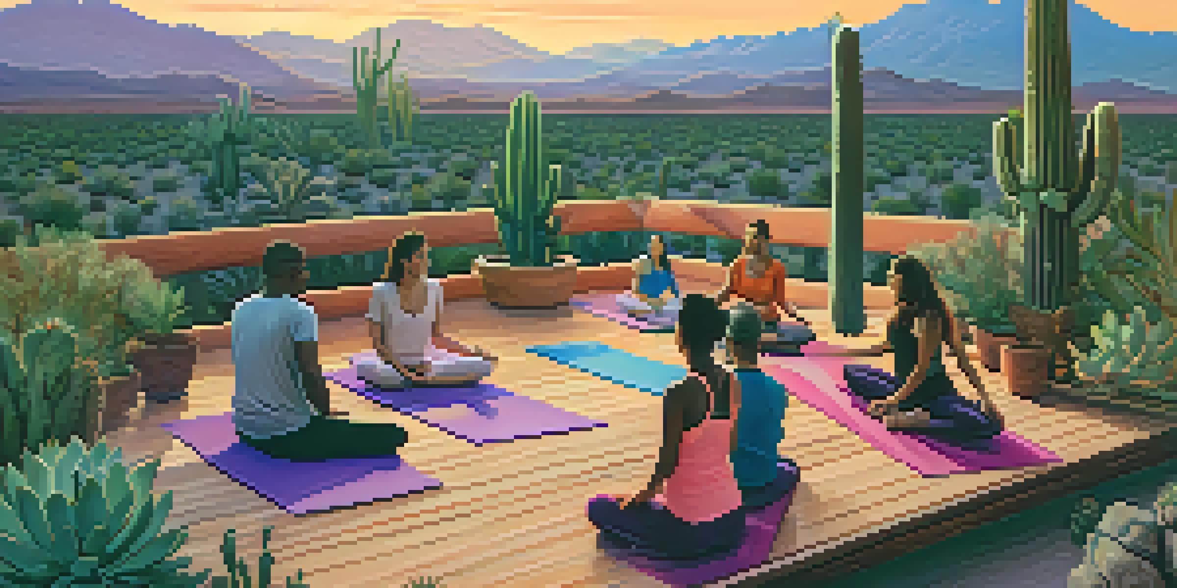 A group of diverse individuals practicing yoga on a wooden deck in the Sonoran Desert during sunset, with warm colors in the sky and cacti surrounding them.