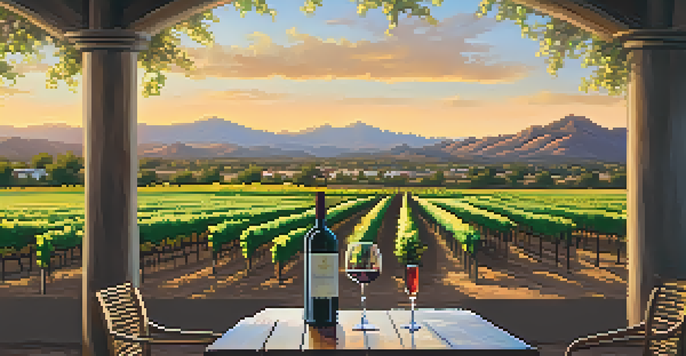 A scenic vineyard in Scottsdale at sunset with grapevines and a rustic wooden table for wine tasting.