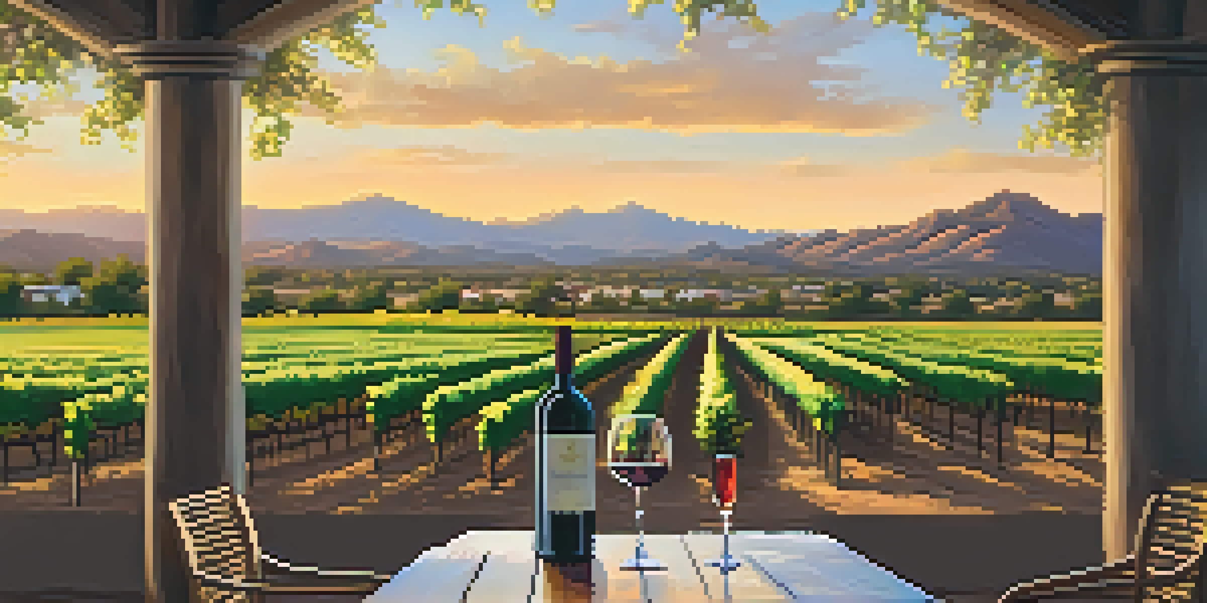 A scenic vineyard in Scottsdale at sunset with grapevines and a rustic wooden table for wine tasting.