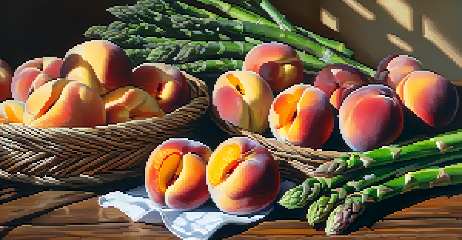 A close-up view of seasonal produce including peaches and asparagus on a wooden table, illuminated by soft sunlight.