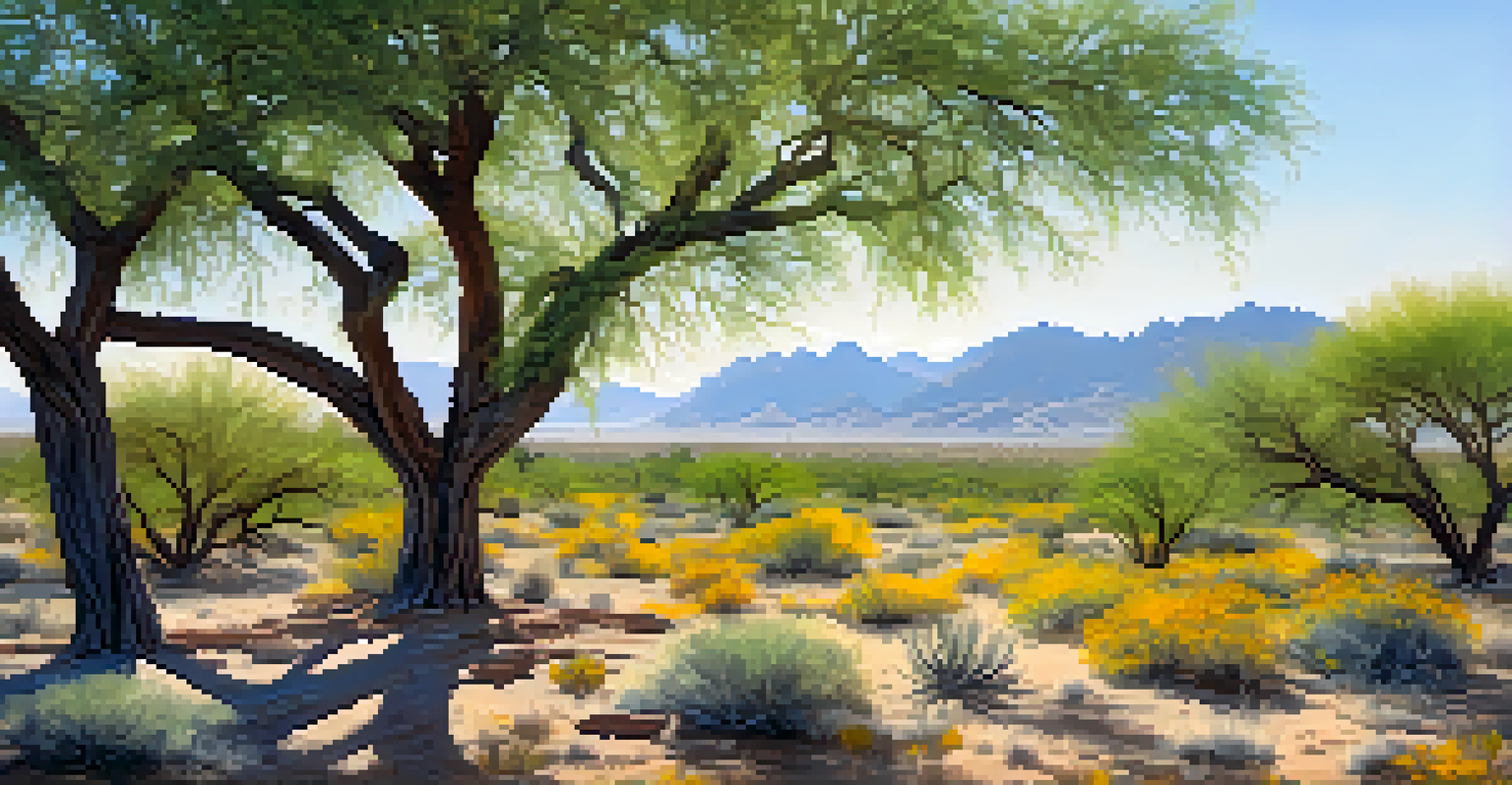 A lush Mesquite tree with green leaves surrounded by vibrant wildflowers and a clear blue sky in the Scottsdale desert.