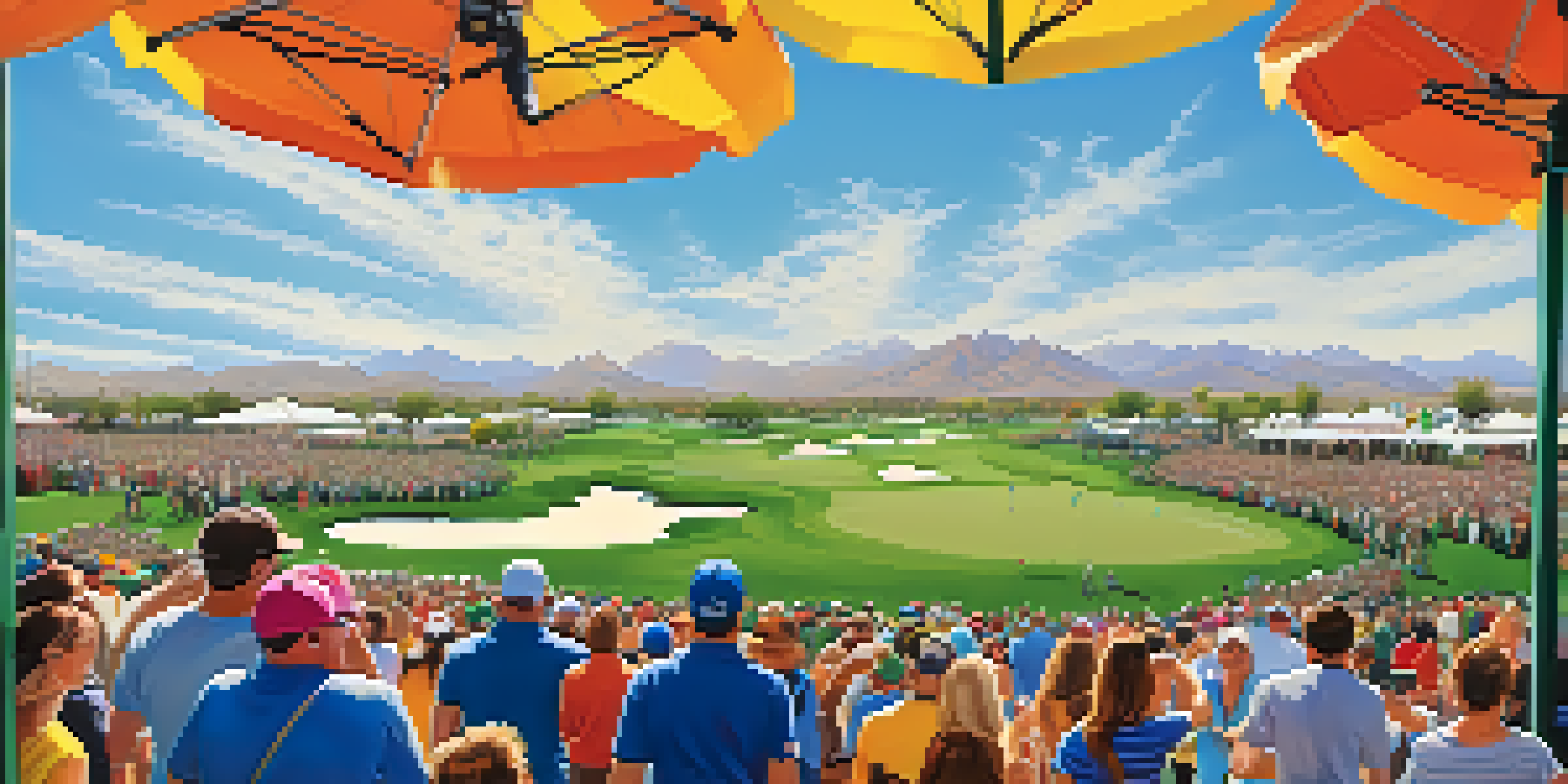 A lively golf tournament with enthusiastic fans at the Waste Management Phoenix Open, featuring the 16th hole filled with cheers and colorful drinks in the air.