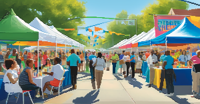 A lively health and wellness fair with various booths, attendees interacting with health professionals, and colorful banners.