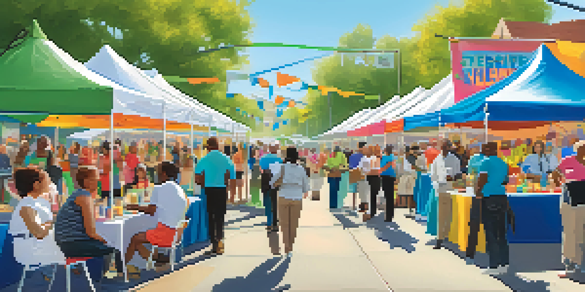 A lively health and wellness fair with various booths, attendees interacting with health professionals, and colorful banners.