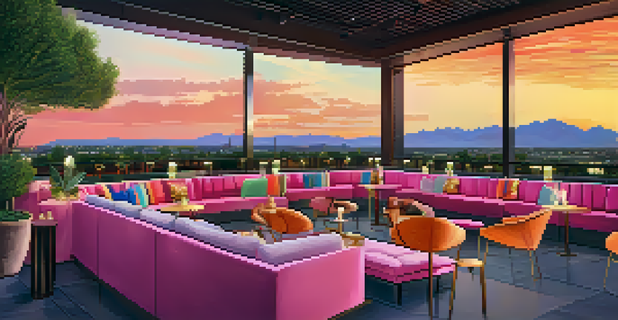 A lively rooftop bar with guests enjoying drinks at sunset, surrounded by colorful seating and a beautiful view of the city skyline.