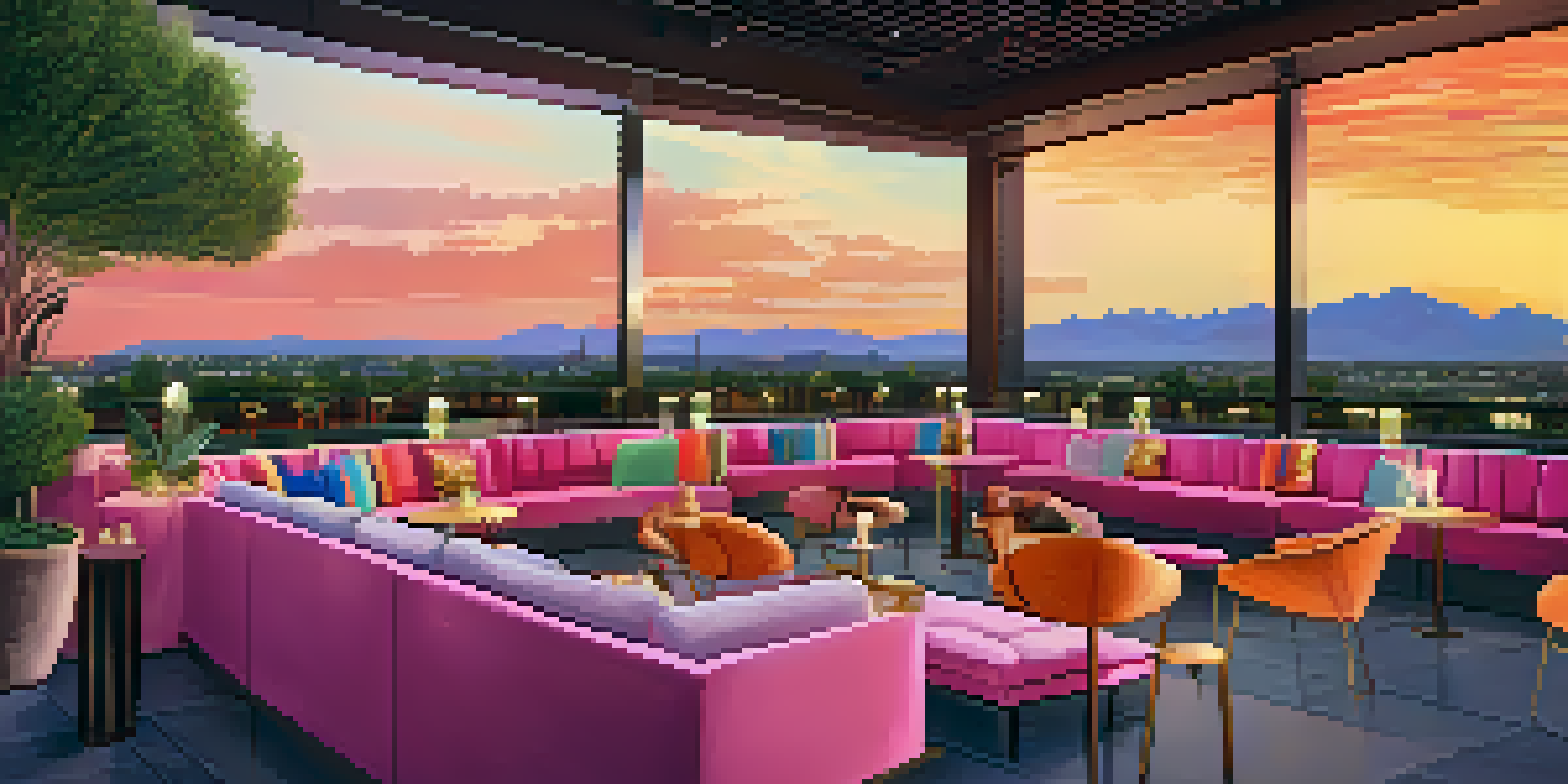 A lively rooftop bar with guests enjoying drinks at sunset, surrounded by colorful seating and a beautiful view of the city skyline.