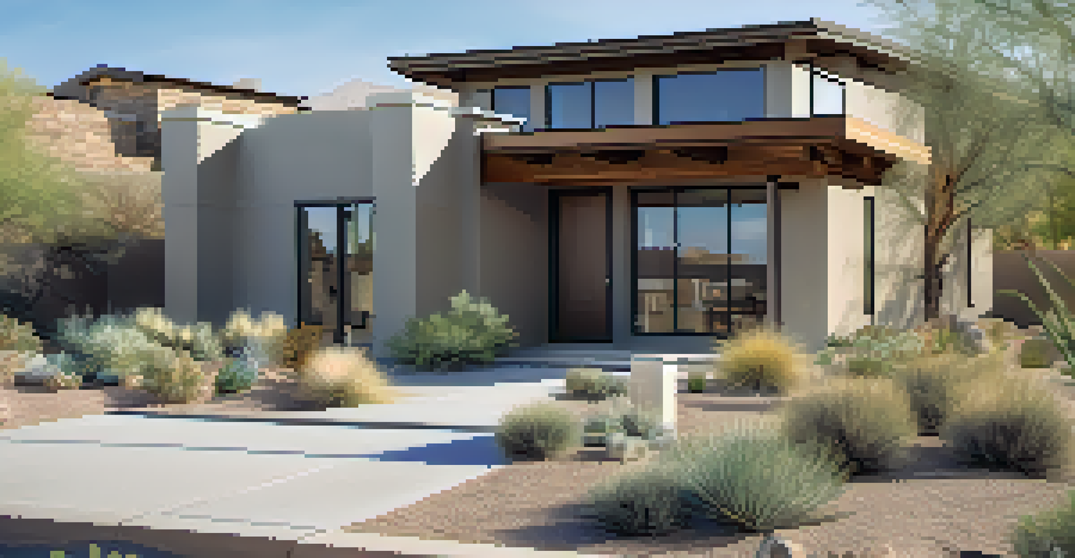 A close-up of a modern energy-efficient home in Scottsdale with sleek design and native plants in the yard, illuminated by soft sunlight.