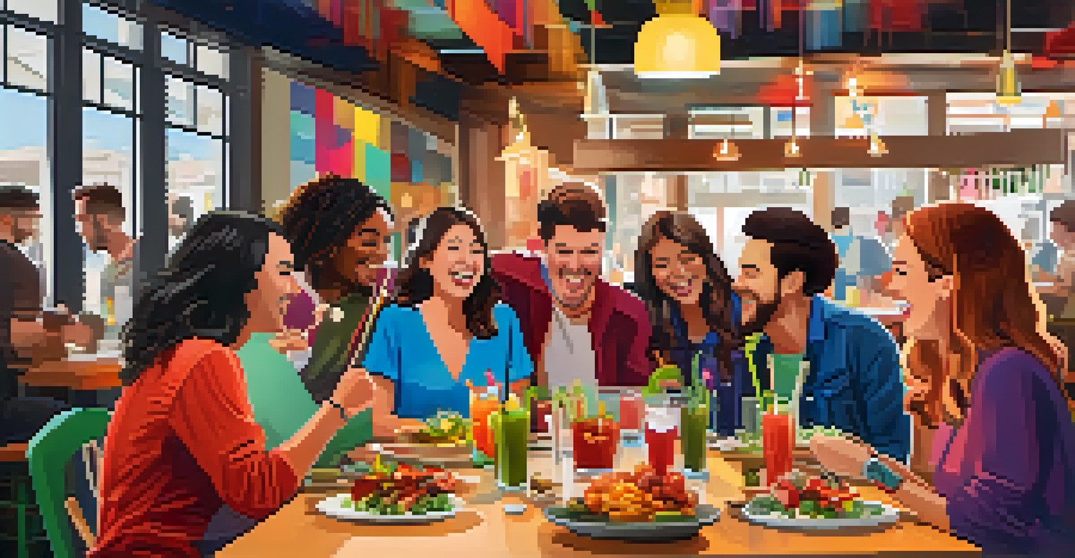 A fun brunch scene at The Hash Kitchen featuring a Bloody Mary bar and friends enjoying hearty meals in a colorful setting.