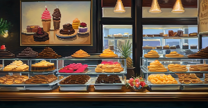 An inviting dessert shop displaying an array of sweet treats, including churros and gelato, with a cozy atmosphere.