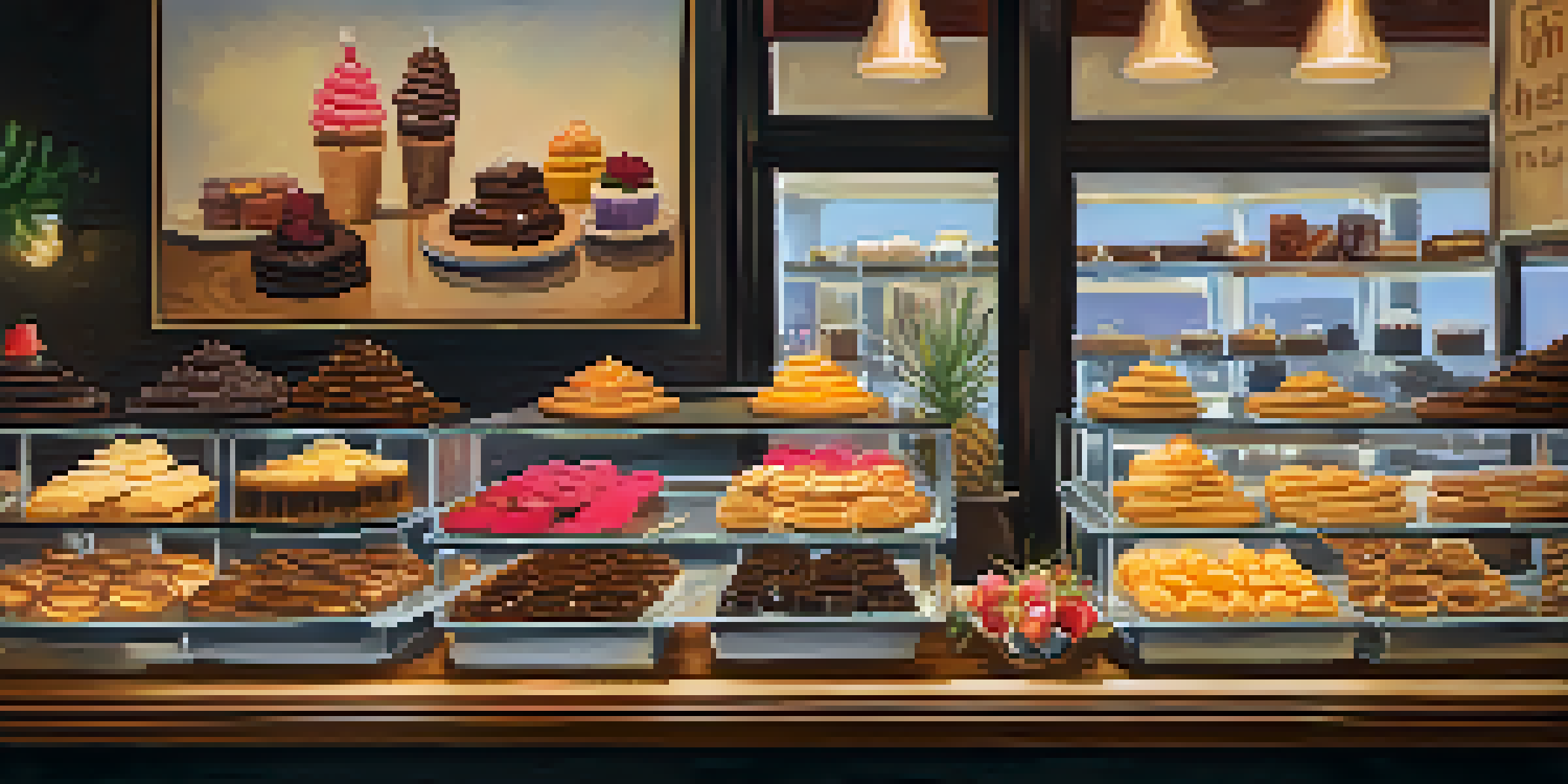 An inviting dessert shop displaying an array of sweet treats, including churros and gelato, with a cozy atmosphere.