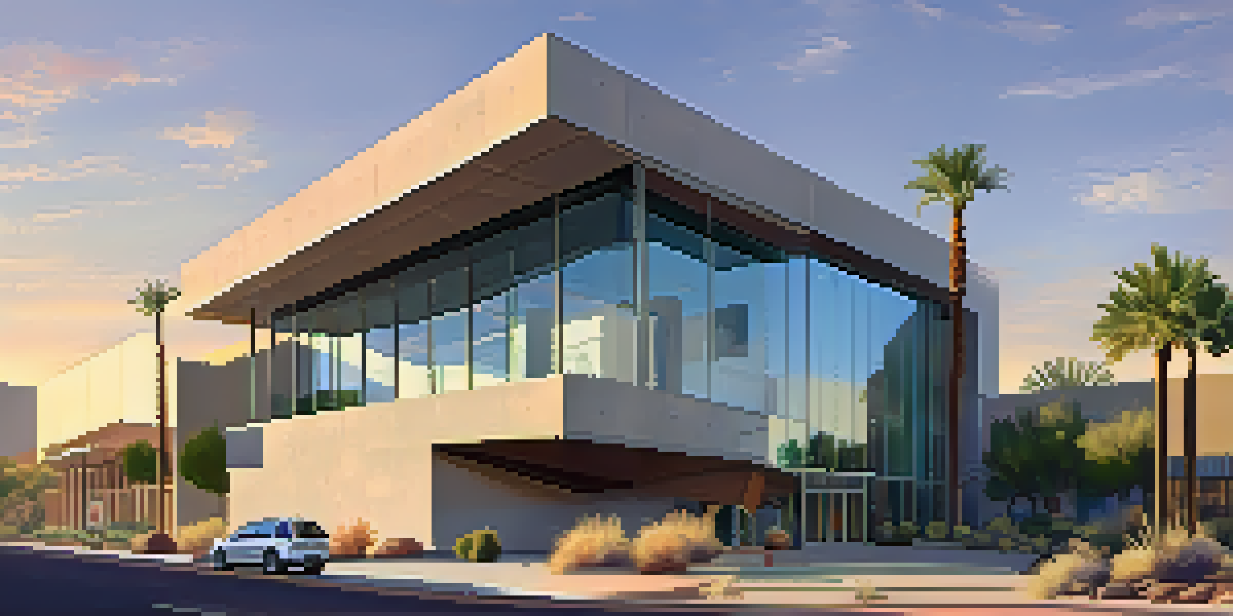 A modern architectural building of a museum with concrete and glass, surrounded by greenery, illuminated by warm golden hour sunlight.