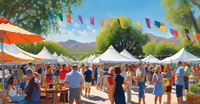 A lively outdoor festival scene with colorful art displays and people enjoying wine under a sunny sky.