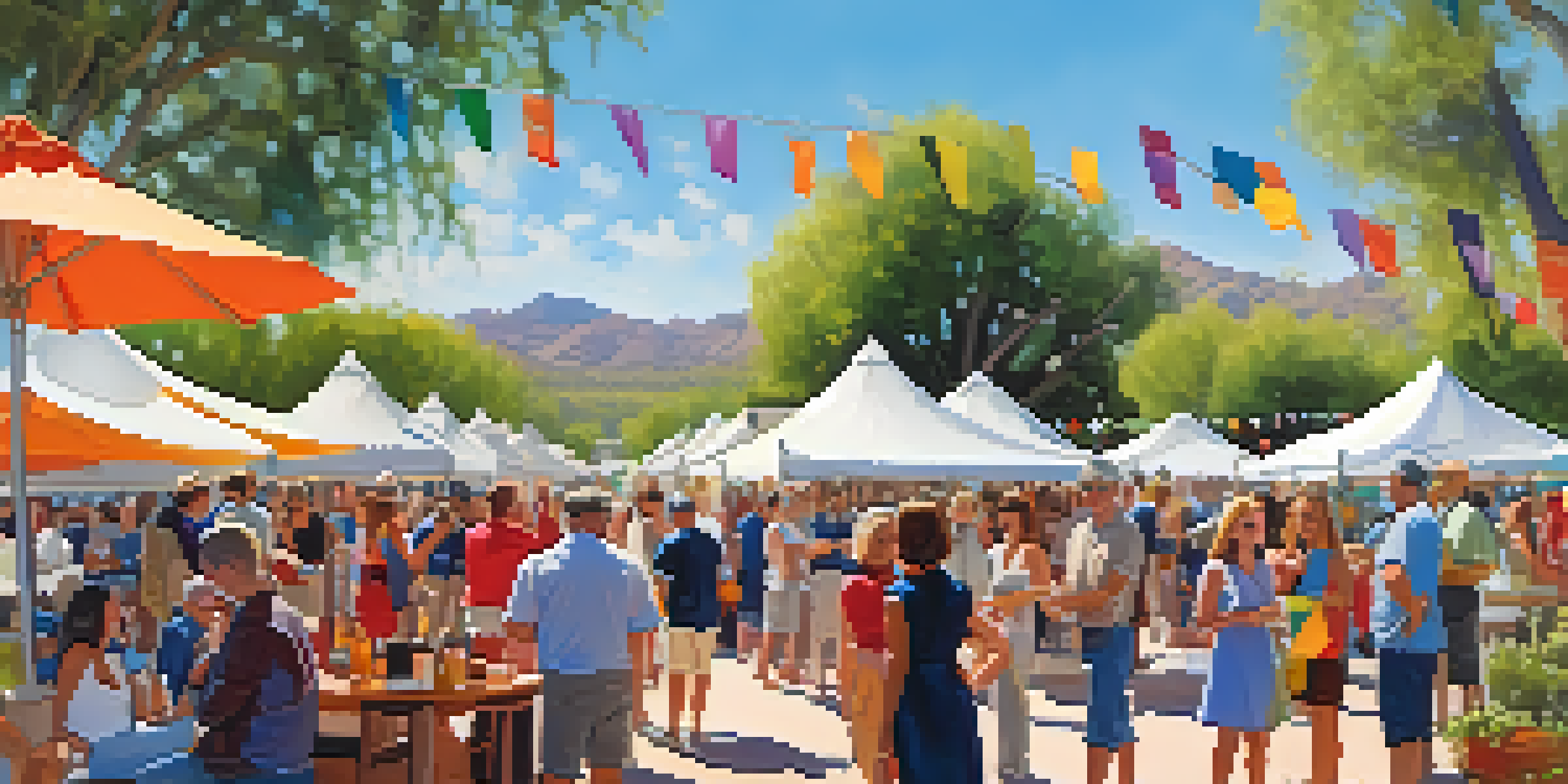 A lively outdoor festival scene with colorful art displays and people enjoying wine under a sunny sky.