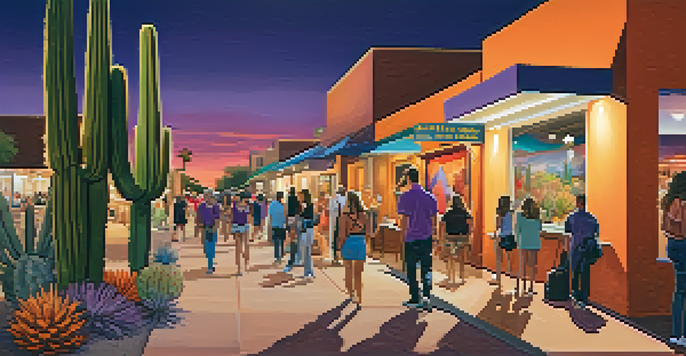 An evening scene of Scottsdale's Art Walk with people walking among colorful art installations and galleries under a warm sunset sky.