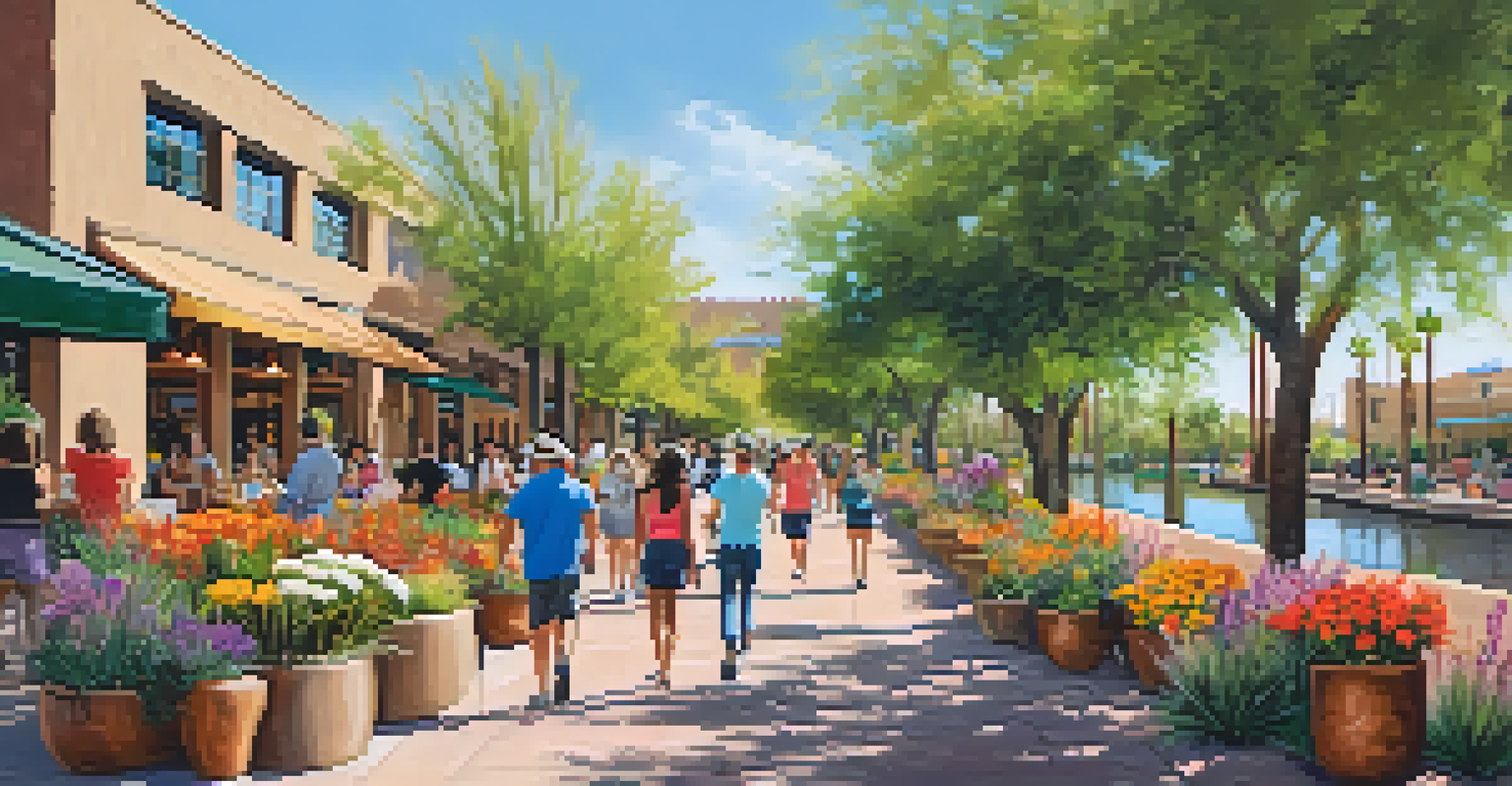 A busy pathway along the Scottsdale Waterfront with people walking and biking, surrounded by shops and colorful flowers.