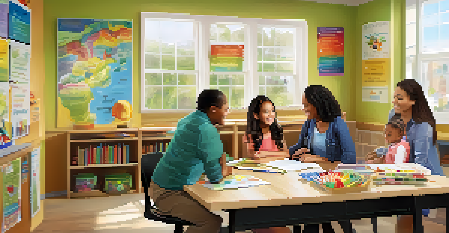 Families participating in a mentorship session in a cozy classroom, engaging in tutoring and learning activities together.