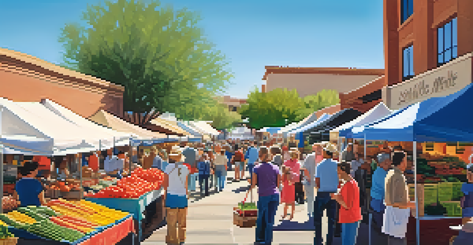 A lively farmers' market scene in Scottsdale with colorful stalls, fresh produce, and people enjoying the vibrant community atmosphere.
