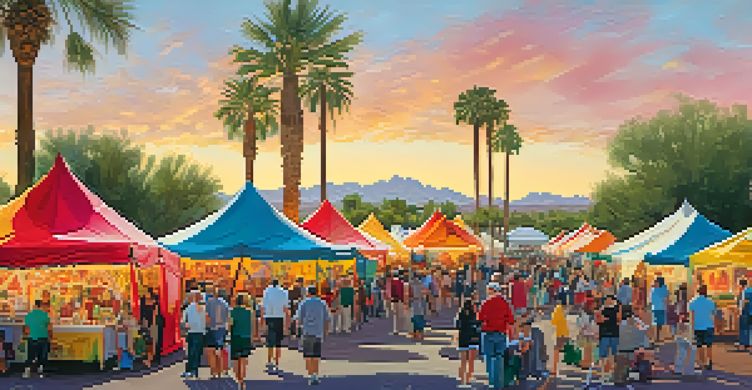 A bustling arts festival in Scottsdale with artists and visitors, colorful tents, and live performances under the sunny sky.