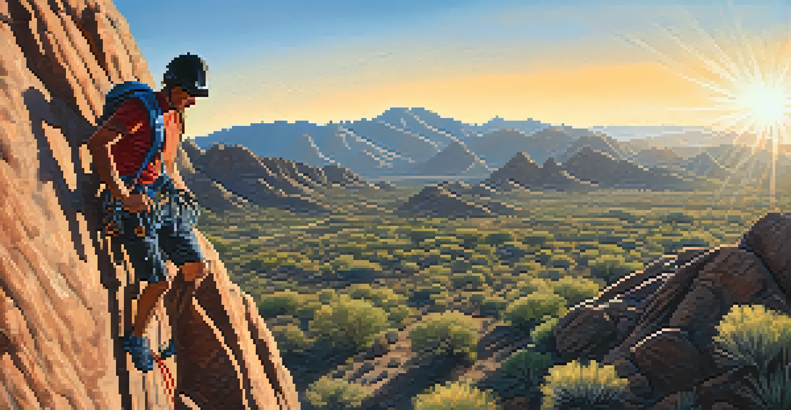 A climber scaling a rock face in the McDowell Mountains, with a stunning valley view in the background.
