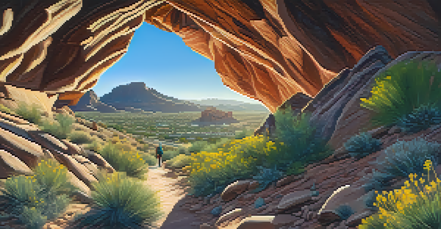 A hiker photographing the scenic desert mountain trail with wildflowers and geological formations.