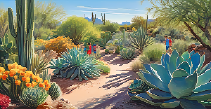 Children exploring a colorful desert garden filled with cacti and succulents under a clear blue sky.