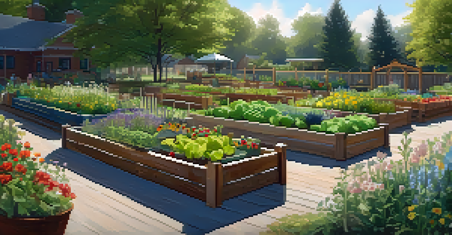 An aesthetically pleasing community garden with raised beds, pathways, and seating areas, illuminated by warm afternoon light.