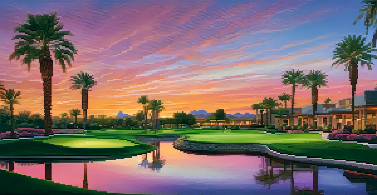 Sunset over a golf resort, with vibrant colors in the sky and palm trees in the foreground.