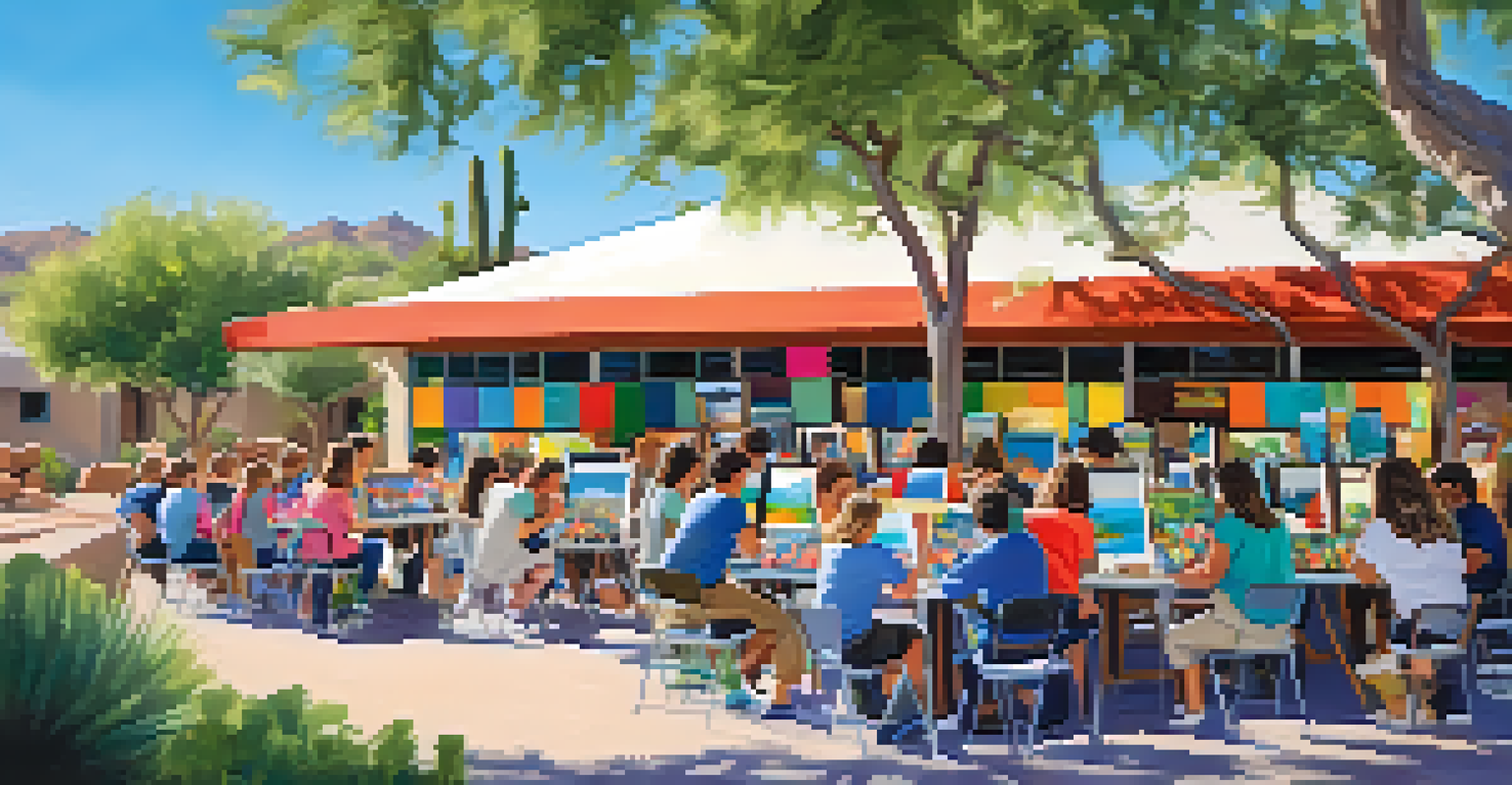 An outdoor art workshop in Scottsdale with students painting and crafting under the guidance of local artists amidst greenery.