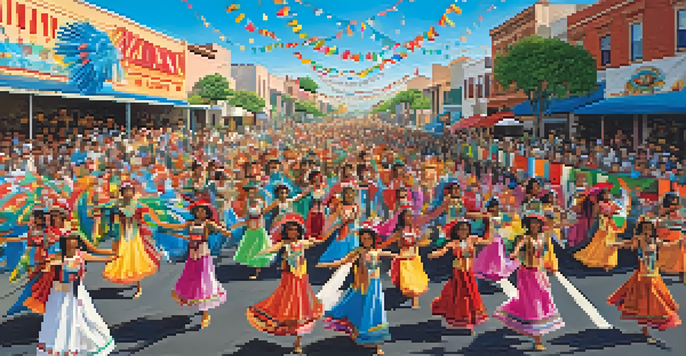 A lively parade scene featuring colorful floats and dancers in traditional costumes, surrounded by cheering spectators.