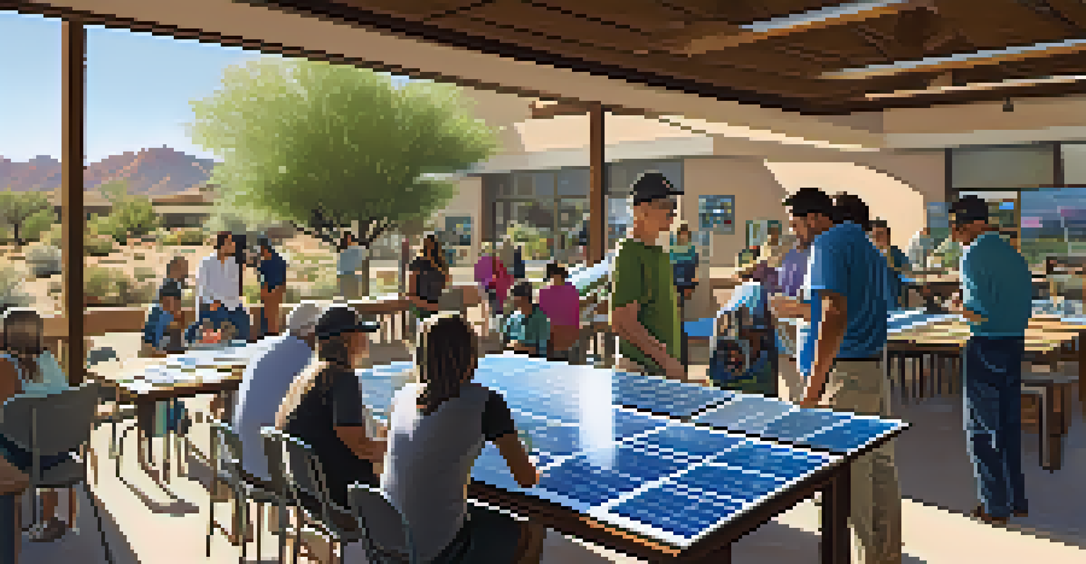 Residents attending a community workshop about solar energy, surrounded by informative materials and displays.