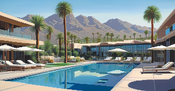 A stunning infinity pool at a Scottsdale resort with palm trees, mountains in the background, and cozy cabanas by the water.